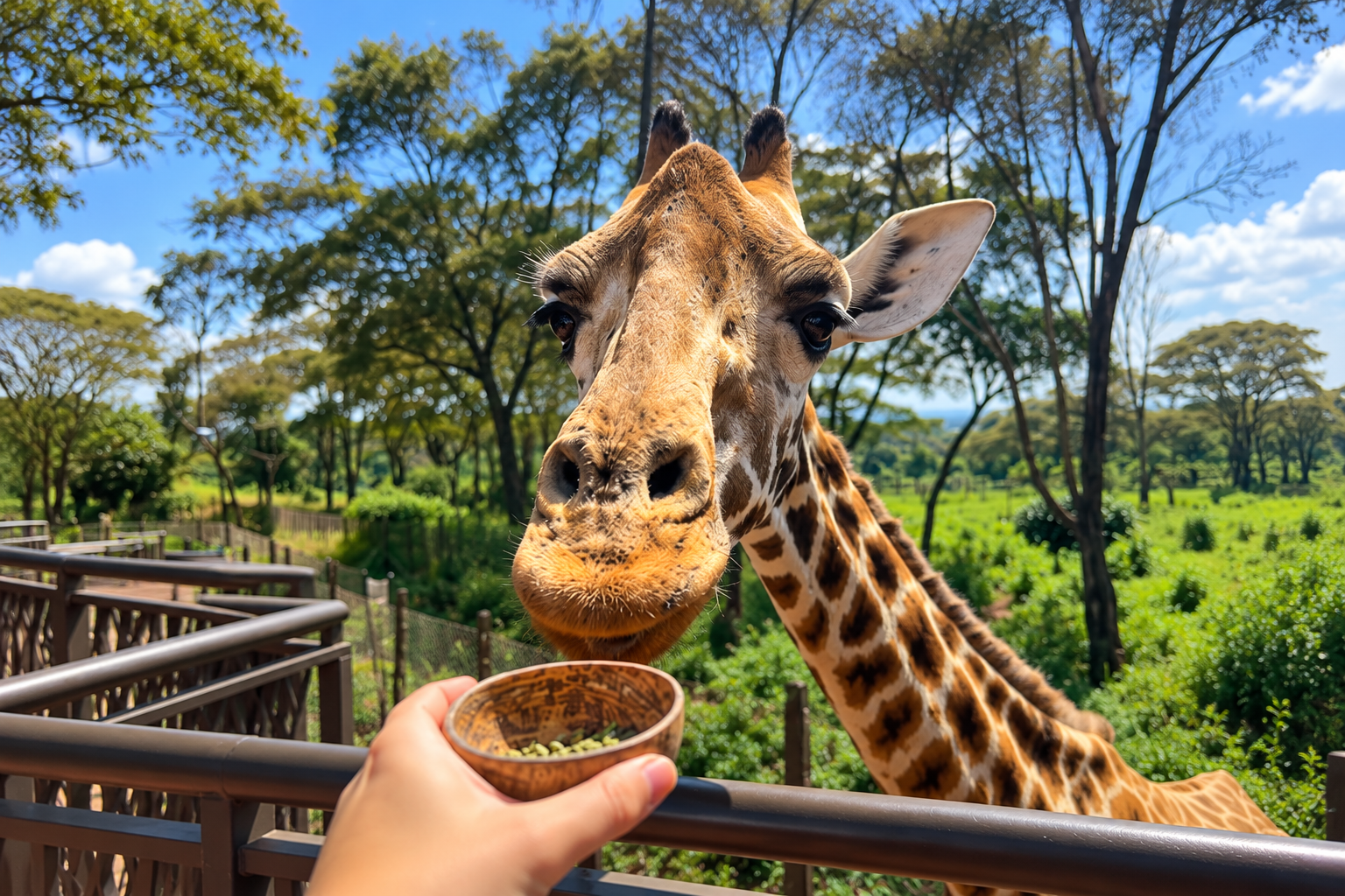 man feeding giraffe at giraffe center